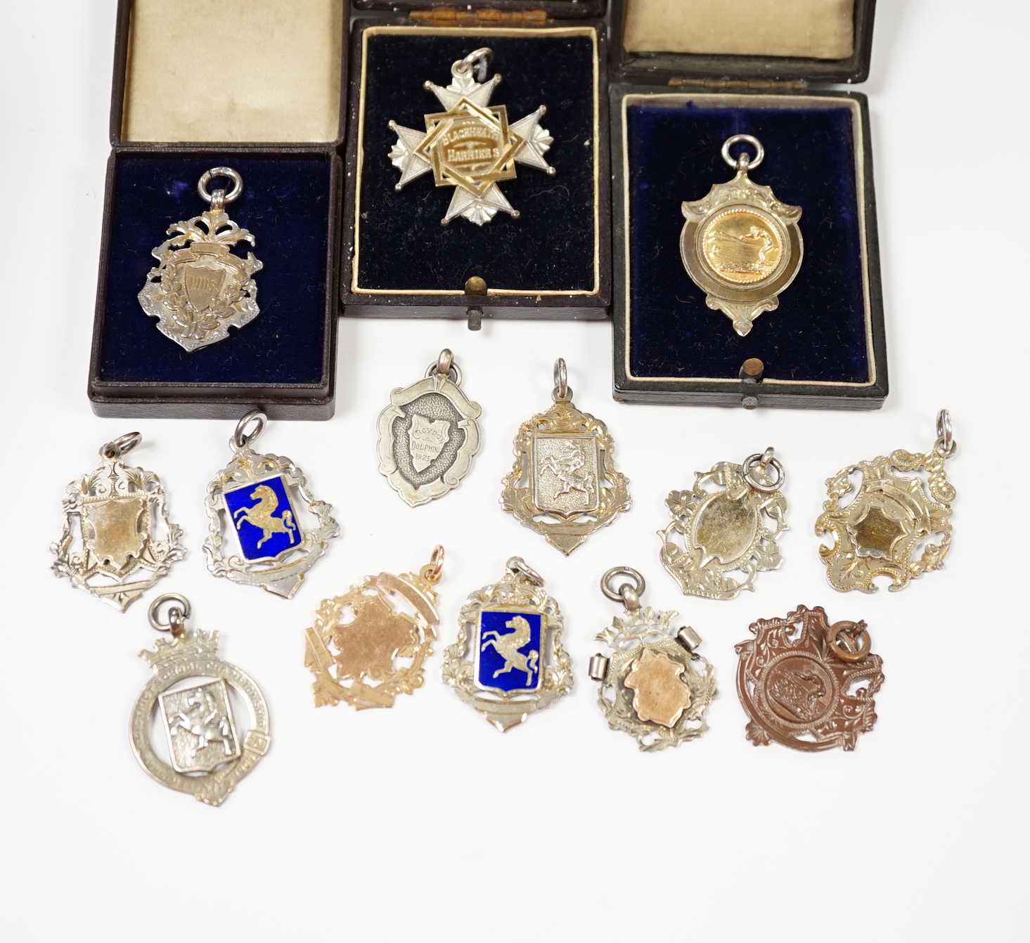 An Edwardian 9ct gold medallion, Birmingham, 1905, 36mm, 4.1 grams, together with thirteen other sporting related medallions including eleven silver, two with enamel.